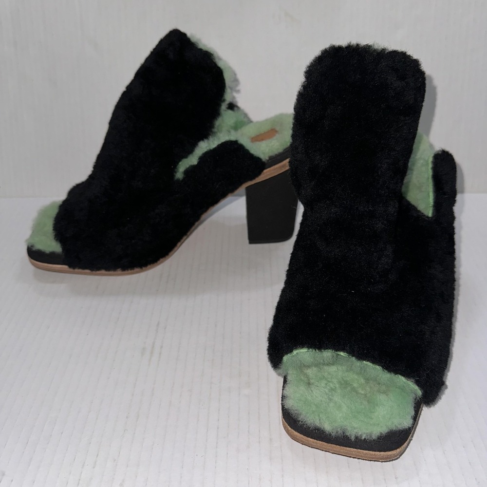UGG x Eckhaus Latta Shoes 10 Black Green Lamb Fur Block Heel Mule Square Toe